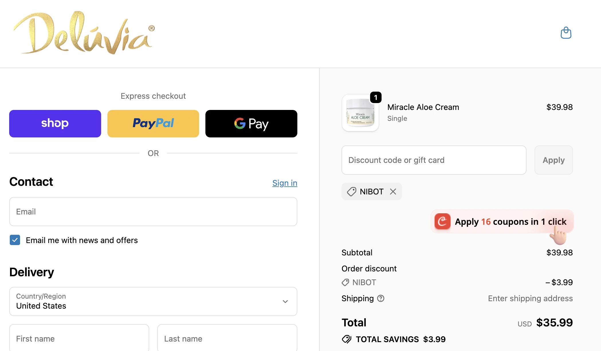 Deluvia USA discount code NIBOT verified checkout